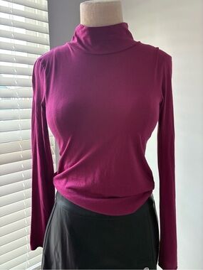By Anthropologie Women's Simple Magenta Mock Neck Long Sleeve Layering Top
